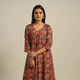  Red Block Print Cotton A-Line Kalamkari Kurta For Women