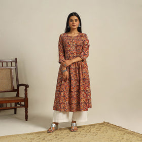  Red Block Print Cotton A-Line Kalamkari Kurta For Women