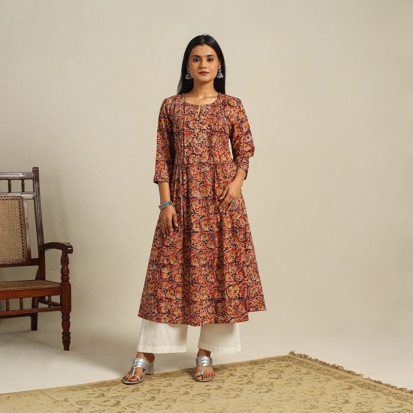 Red Block Print Cotton A-Line Kalamkari Kurta For Women