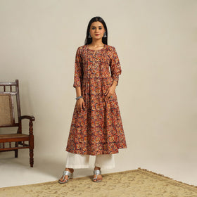  Red Block Print Cotton A-Line Kalamkari Kurta For Women