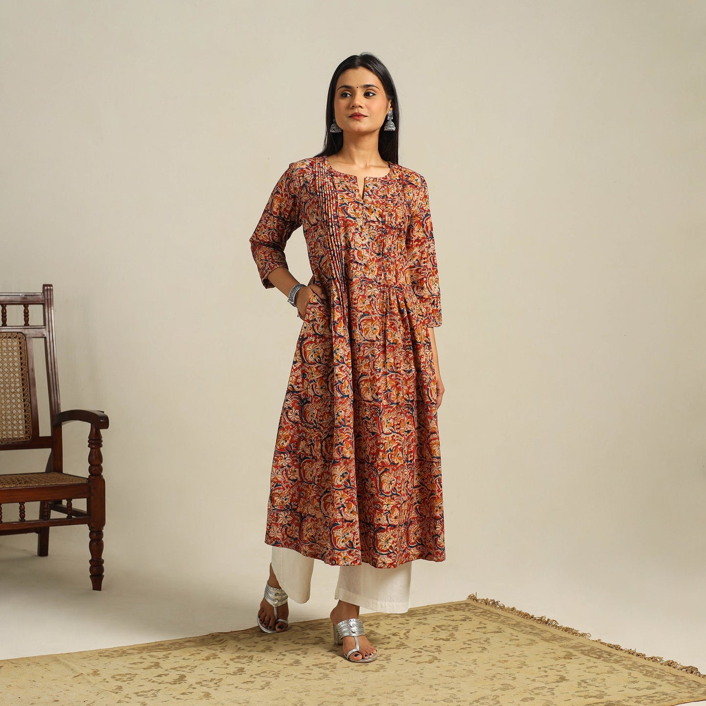  Red Block Print Cotton A-Line Kalamkari Kurta For Women