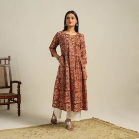  Red Block Print Cotton A-Line Kalamkari Kurta For Women
