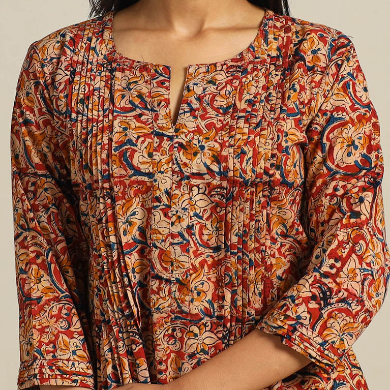  Red Block Print Cotton A-Line Kalamkari Kurta For Women