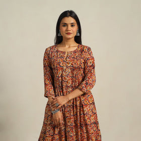  Red Block Print Cotton A-Line Kalamkari Kurta For Women