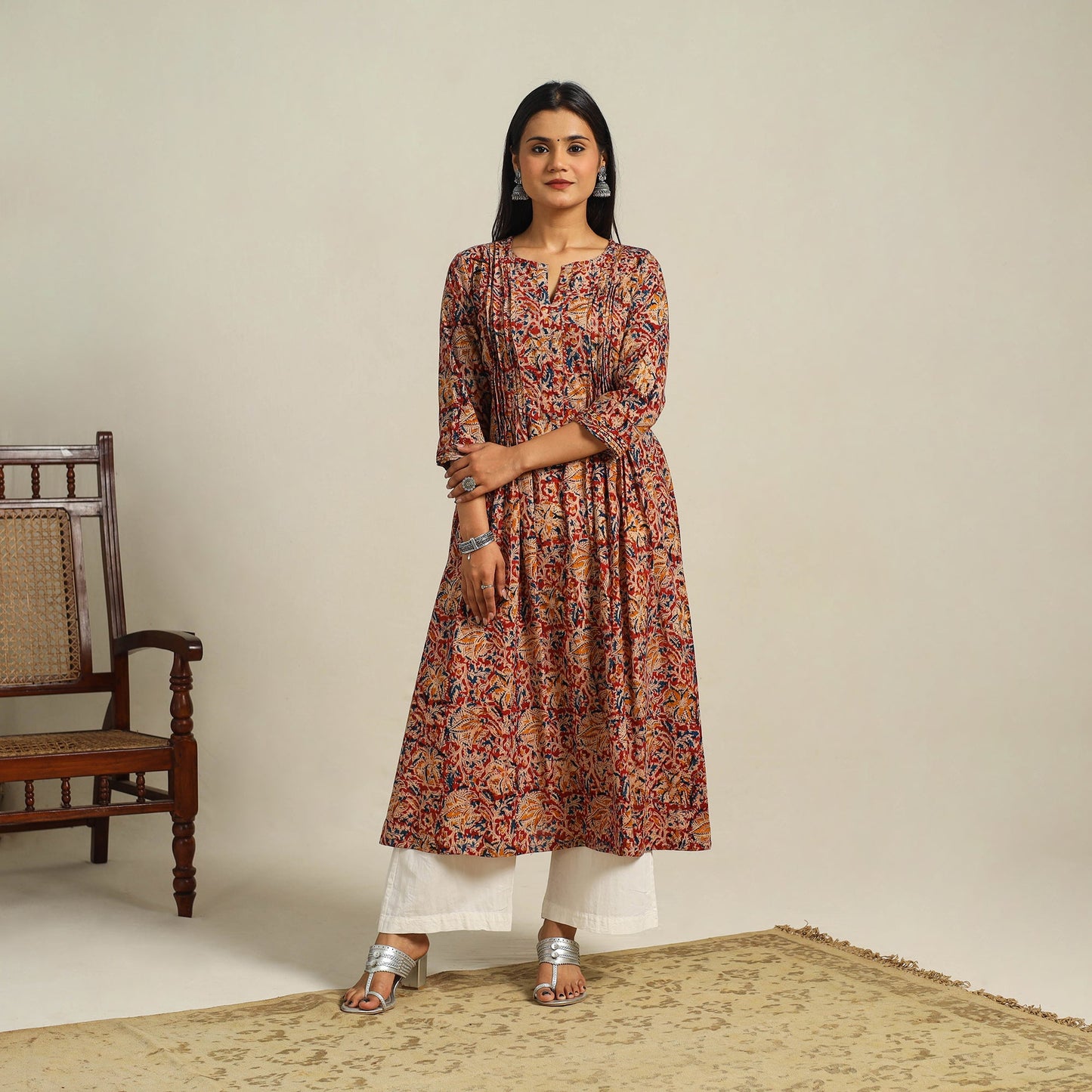  Red Block Print Cotton A-Line Kalamkari Kurta For Women