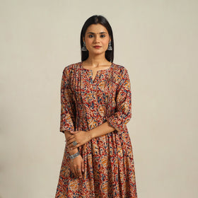  Red Block Print Cotton A-Line Kalamkari Kurta For Women