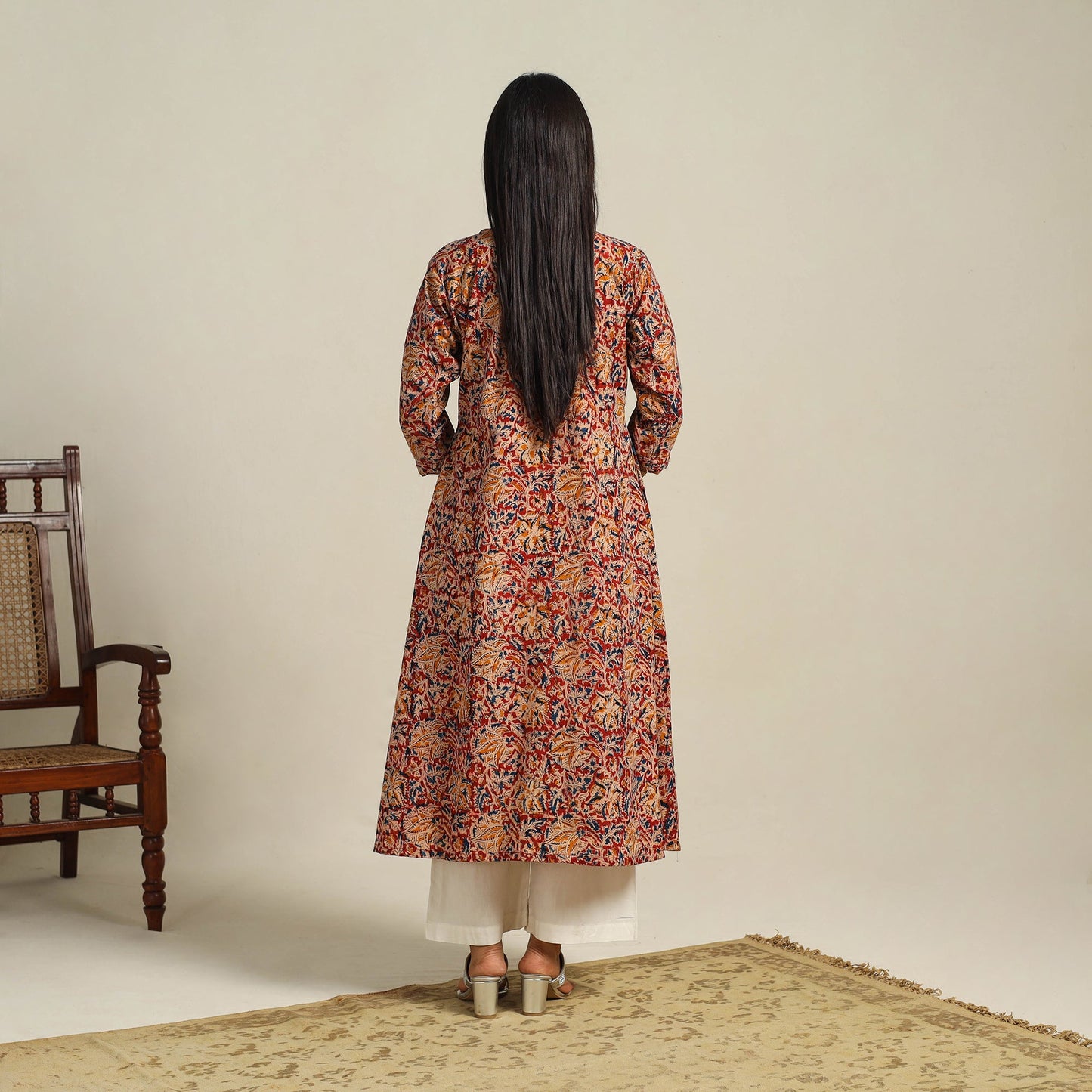  Red Block Print Cotton A-Line Kalamkari Kurta For Women