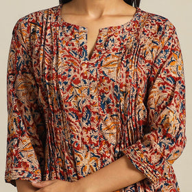  Red Block Print Cotton A-Line Kalamkari Kurta For Women