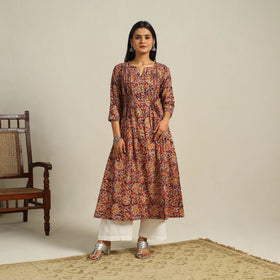  Red Block Print Cotton A-Line Kalamkari Kurta For Women