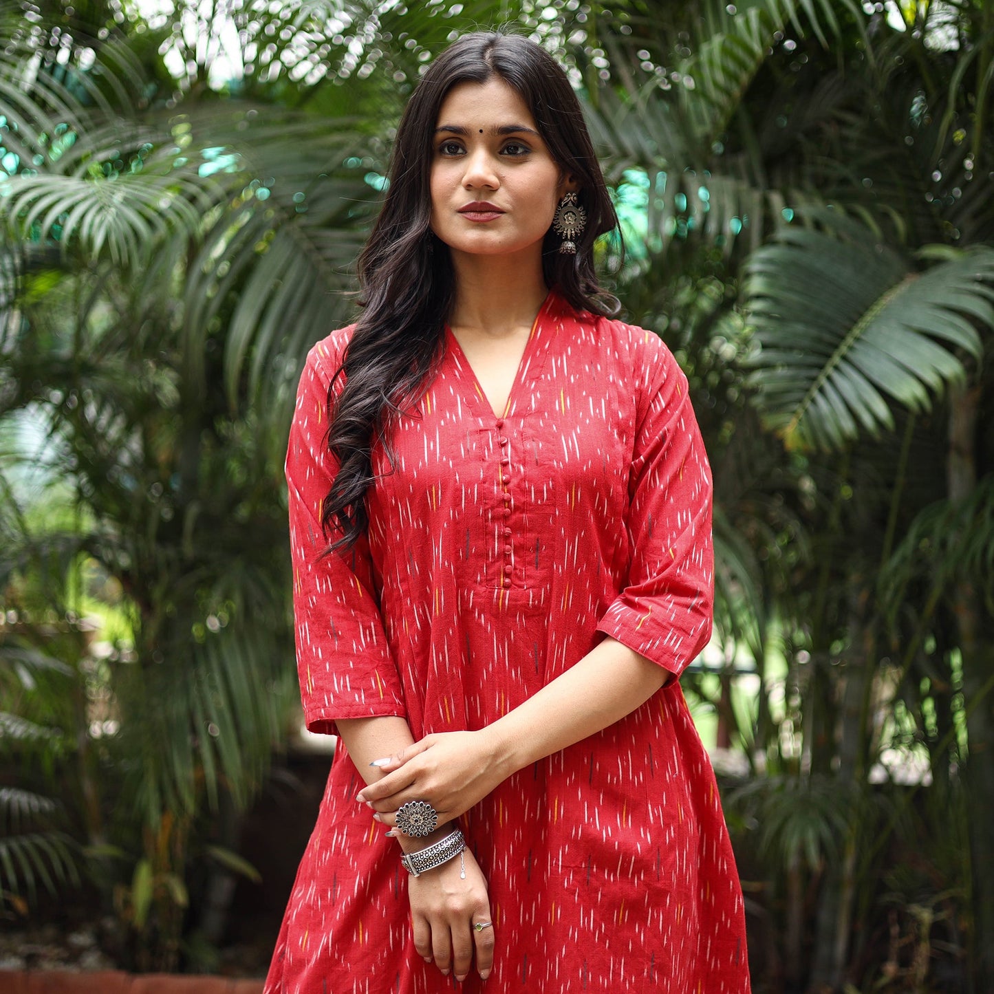 Red Cotton A-Line Pochampally Ikat Kurta for women