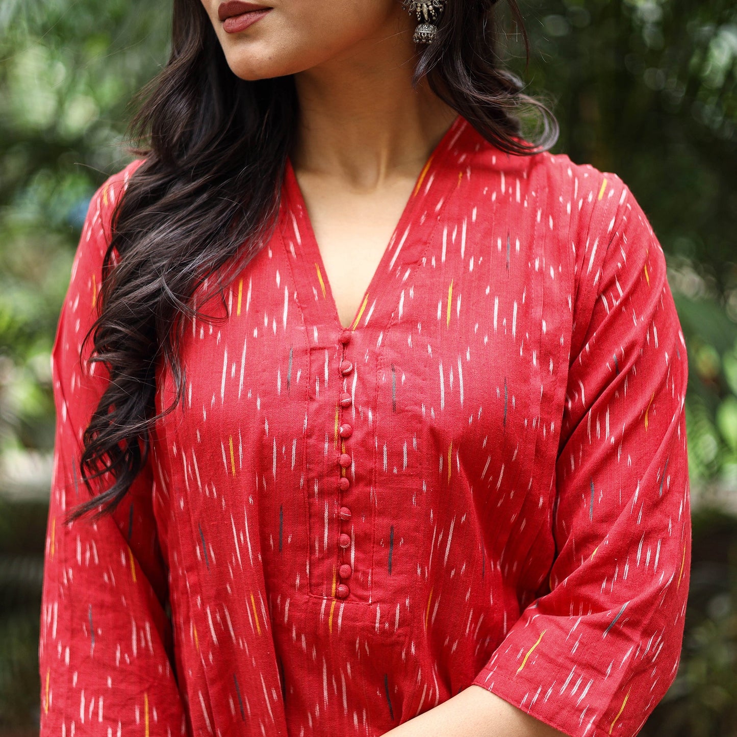 Red Cotton A-Line Pochampally Ikat Kurta for women