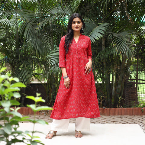 Red Cotton A-Line Pochampally Ikat Kurta for women