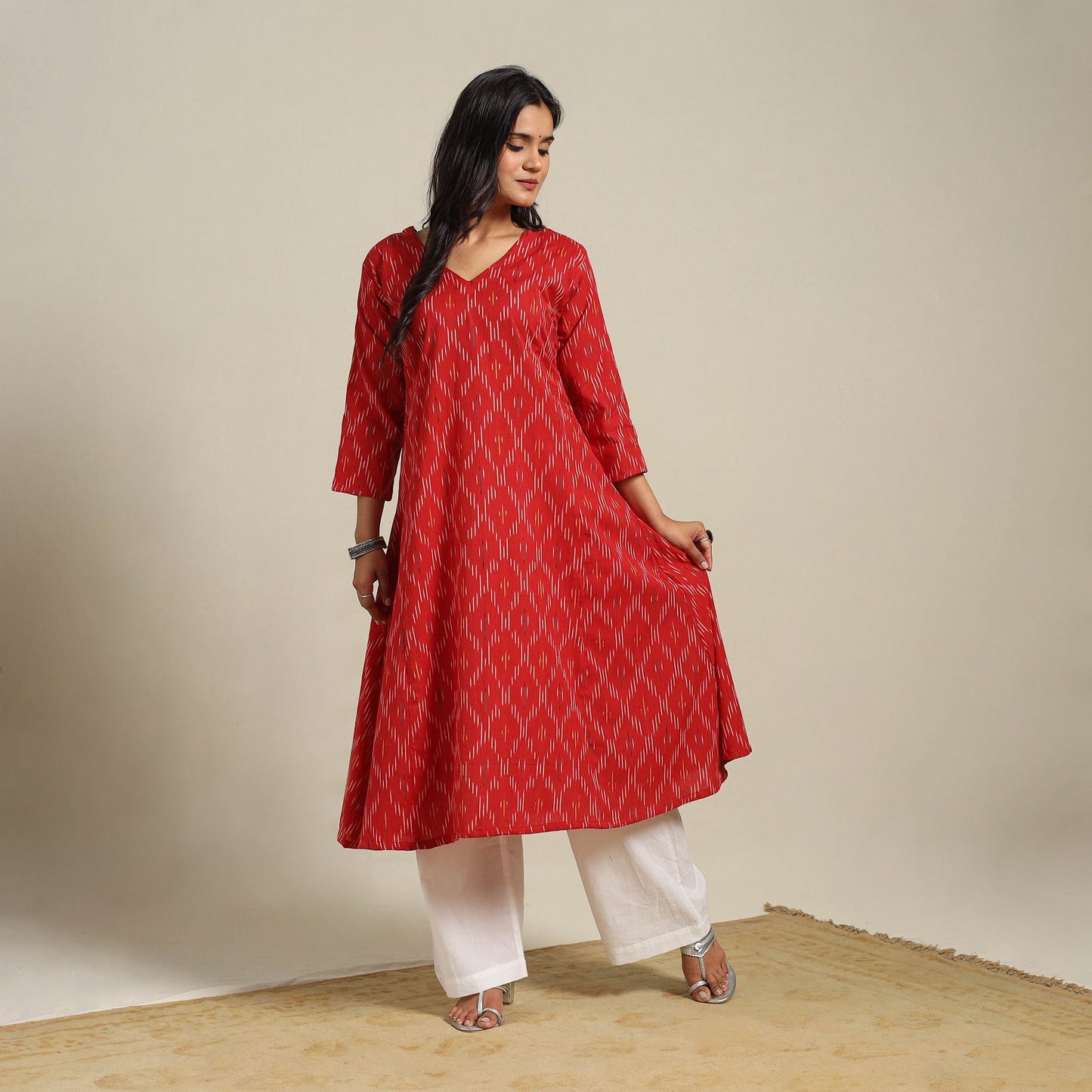 Red Cotton A-Line Pochampally Ikat Kurta