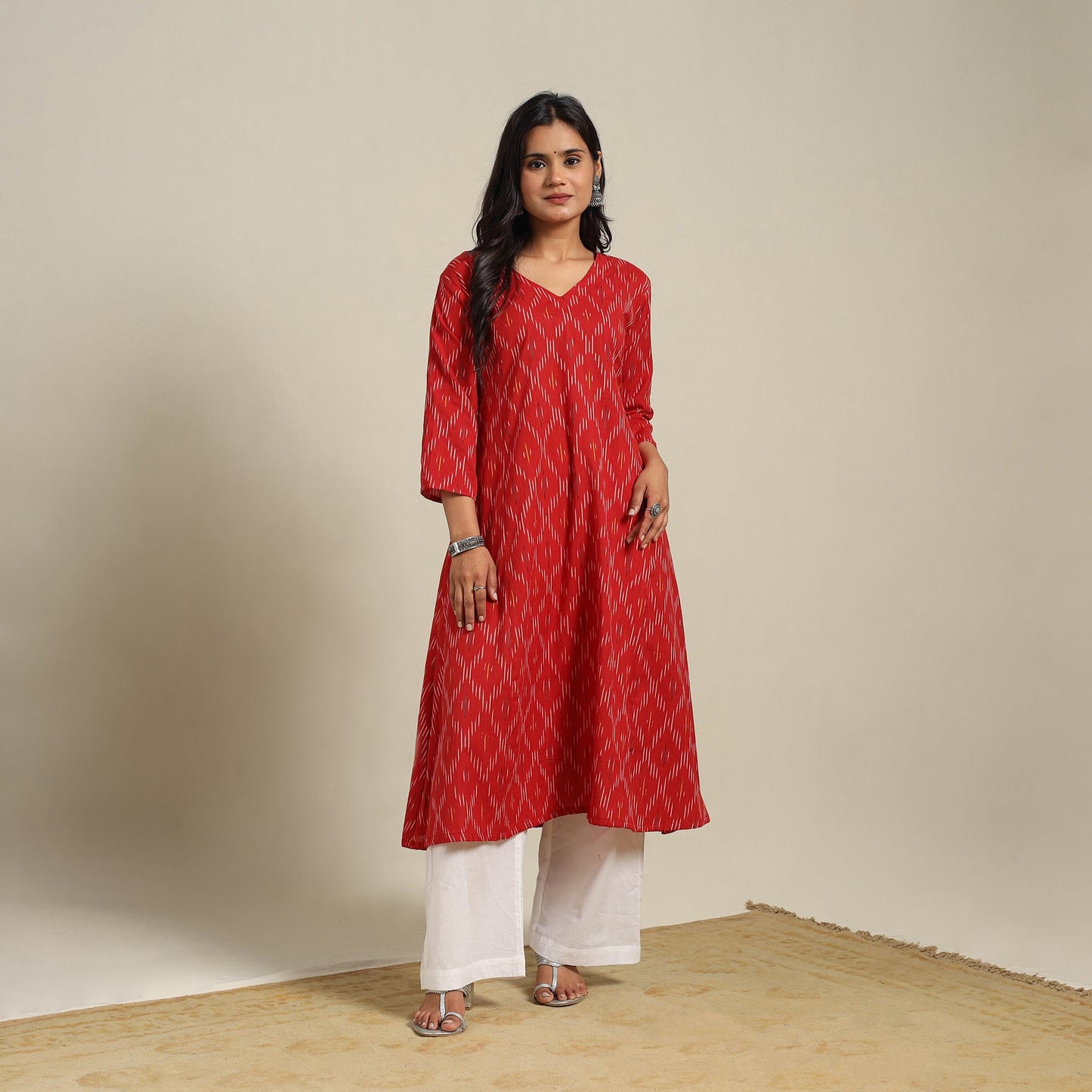 Red Cotton A-Line Pochampally Ikat Kurta