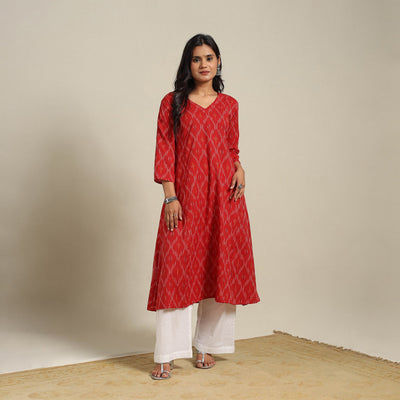 Red Cotton A-Line Pochampally Ikat Kurta