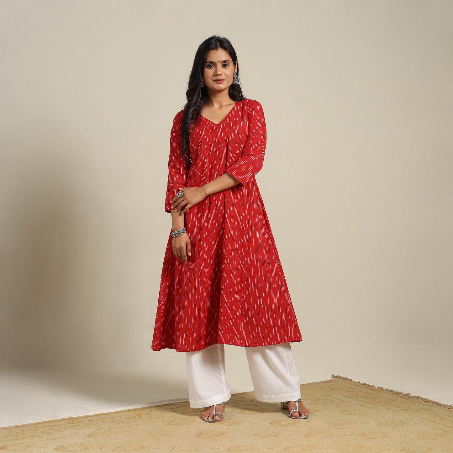 Red Cotton A-Line Pochampally Ikat Kurta