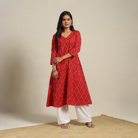 Red Cotton A-Line Pochampally Ikat Kurta