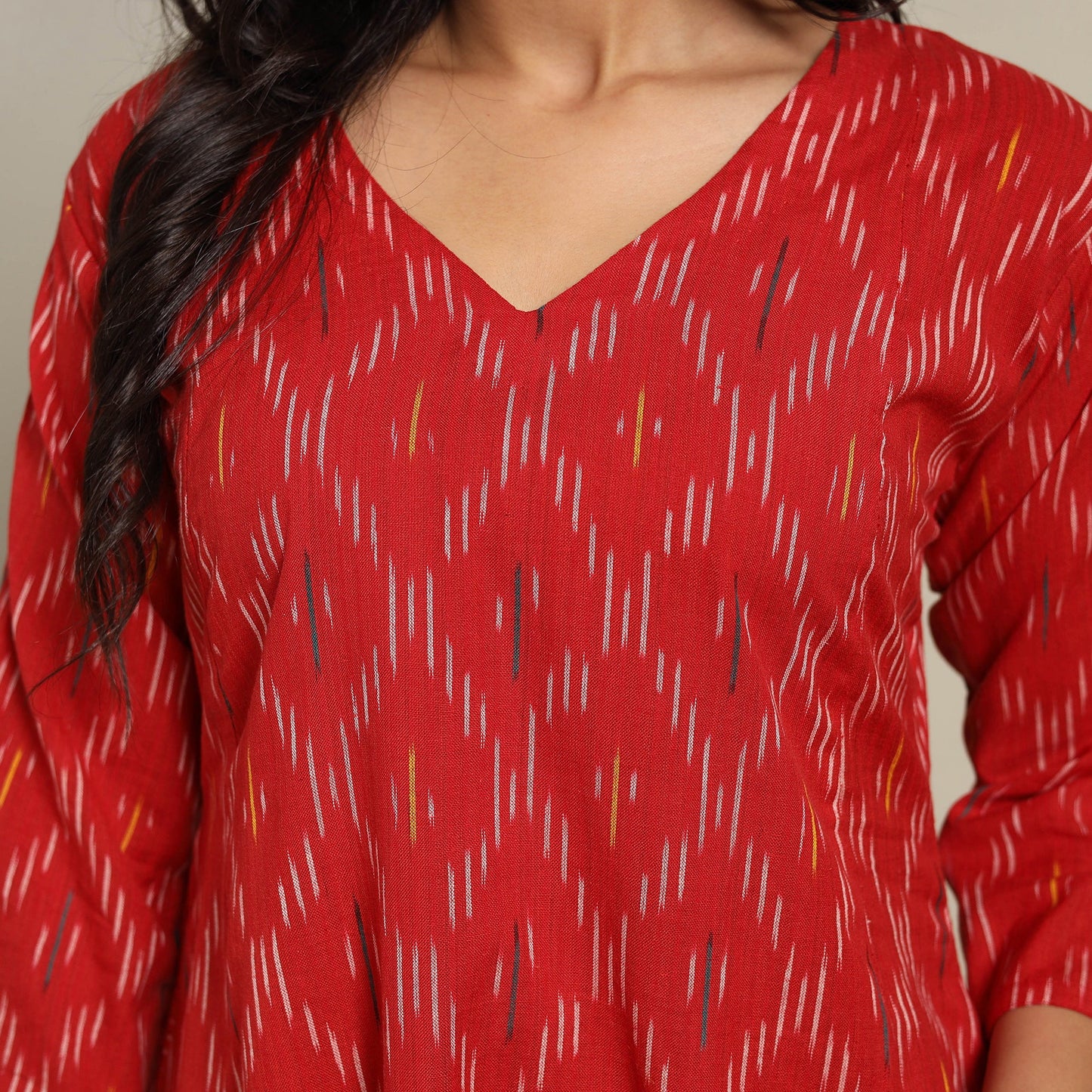 Red Cotton A-Line Pochampally Ikat Kurta