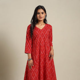 Red Cotton A-Line Pochampally Ikat Kurta