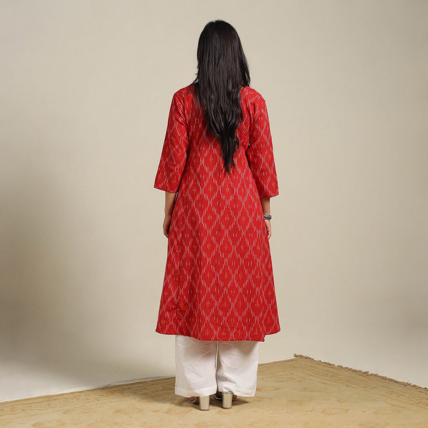 Red Cotton A-Line Pochampally Ikat Kurta