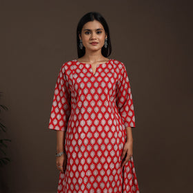 Red - cotton a-line sanganeri kurta 02 - handcrafted