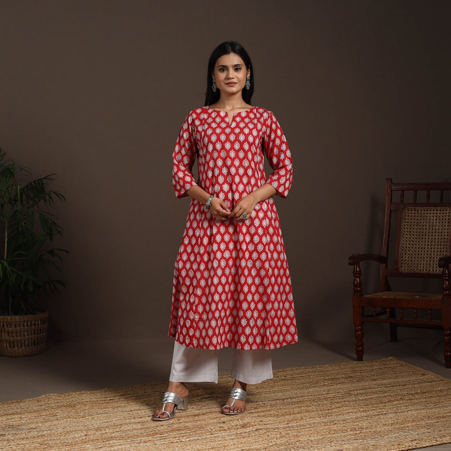 Red - cotton a-line sanganeri kurta 02 - handcrafted
