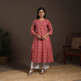 Red - cotton a-line sanganeri kurta 02 - handcrafted