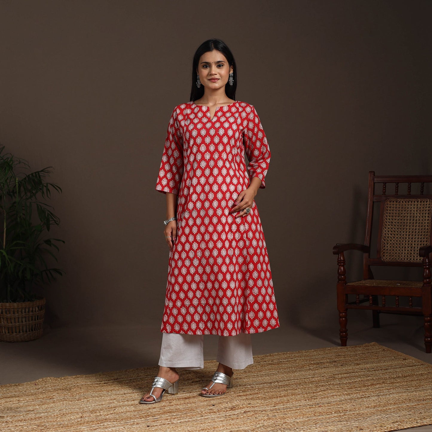Red - cotton a-line sanganeri kurta 02 - handcrafted