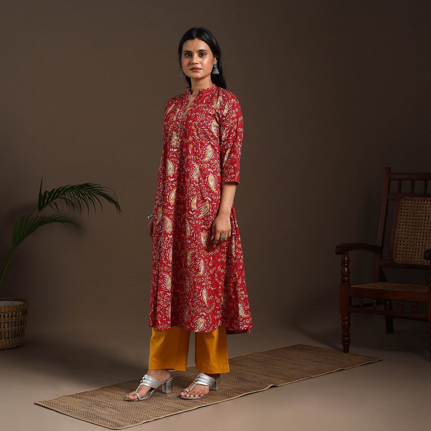 Red - cotton a-line sanganeri kurta 03 - handcrafted