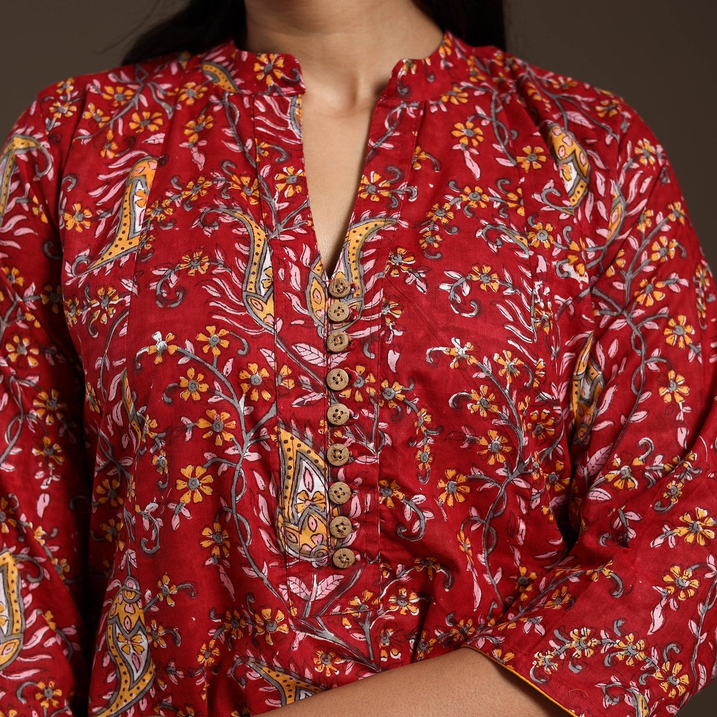 Red - cotton a-line sanganeri kurta 03 - handcrafted