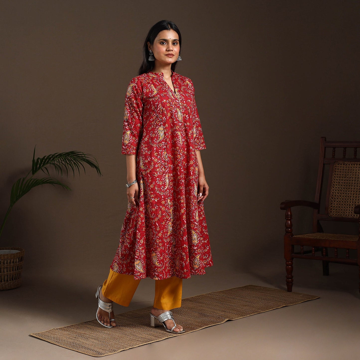 Red - cotton a-line sanganeri kurta 03 - handcrafted