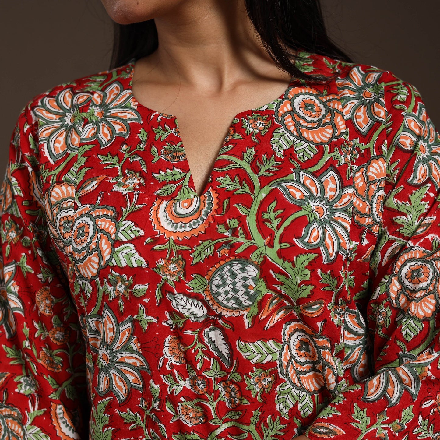 Red - cotton a-line sanganeri kurta 11 - handcrafted