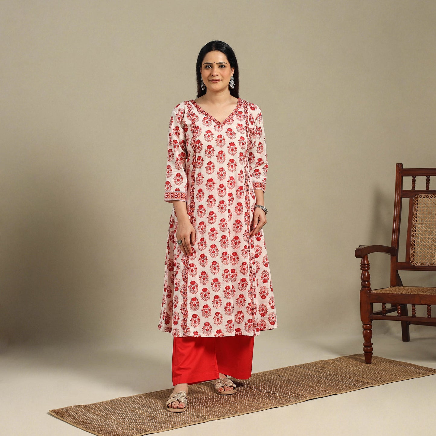 Red - cotton a-line sanganeri kurta 13 - handcrafted