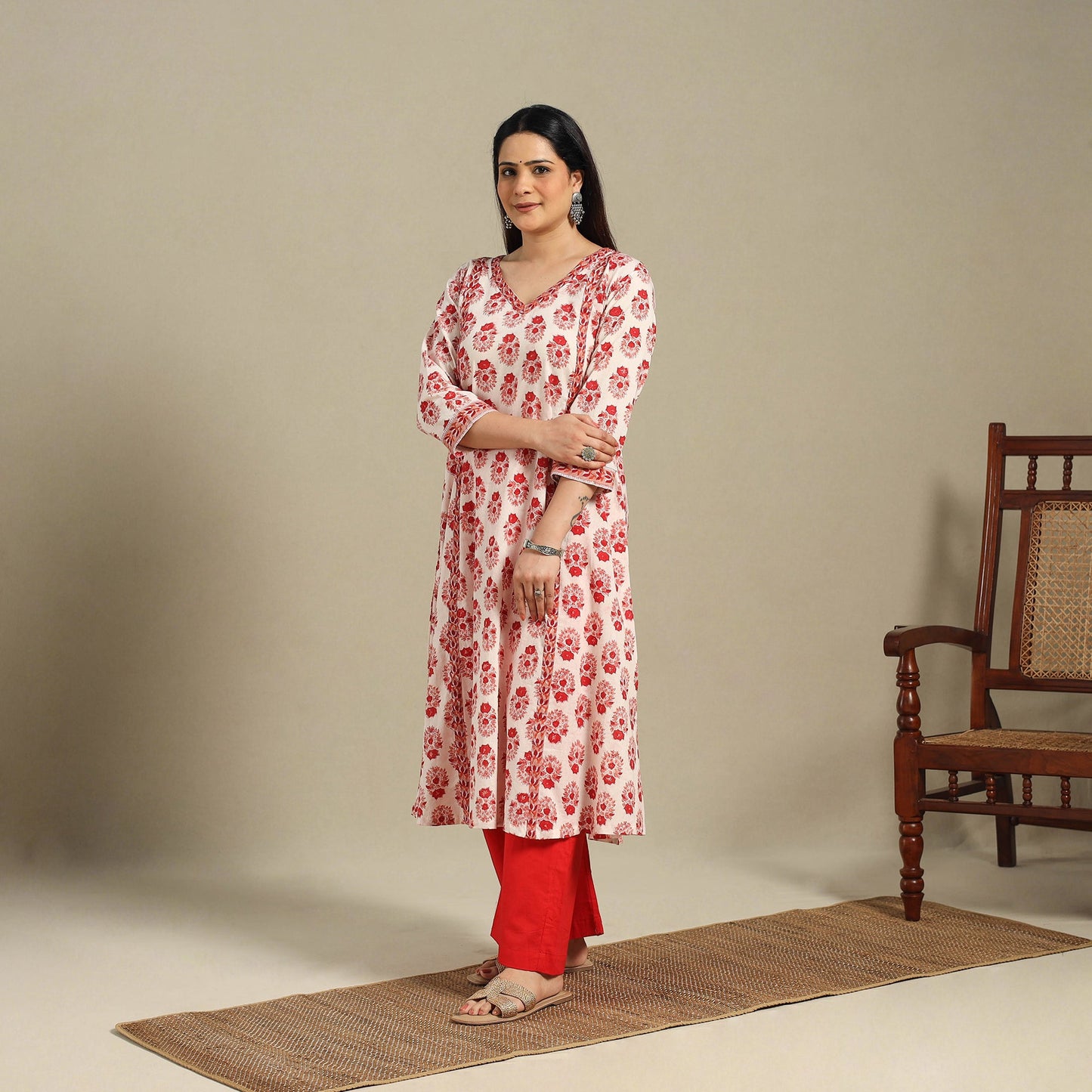 Red - cotton a-line sanganeri kurta 13 - handcrafted