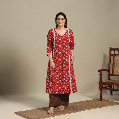 Red - cotton a-line sanganeri kurta 16 - handcrafted