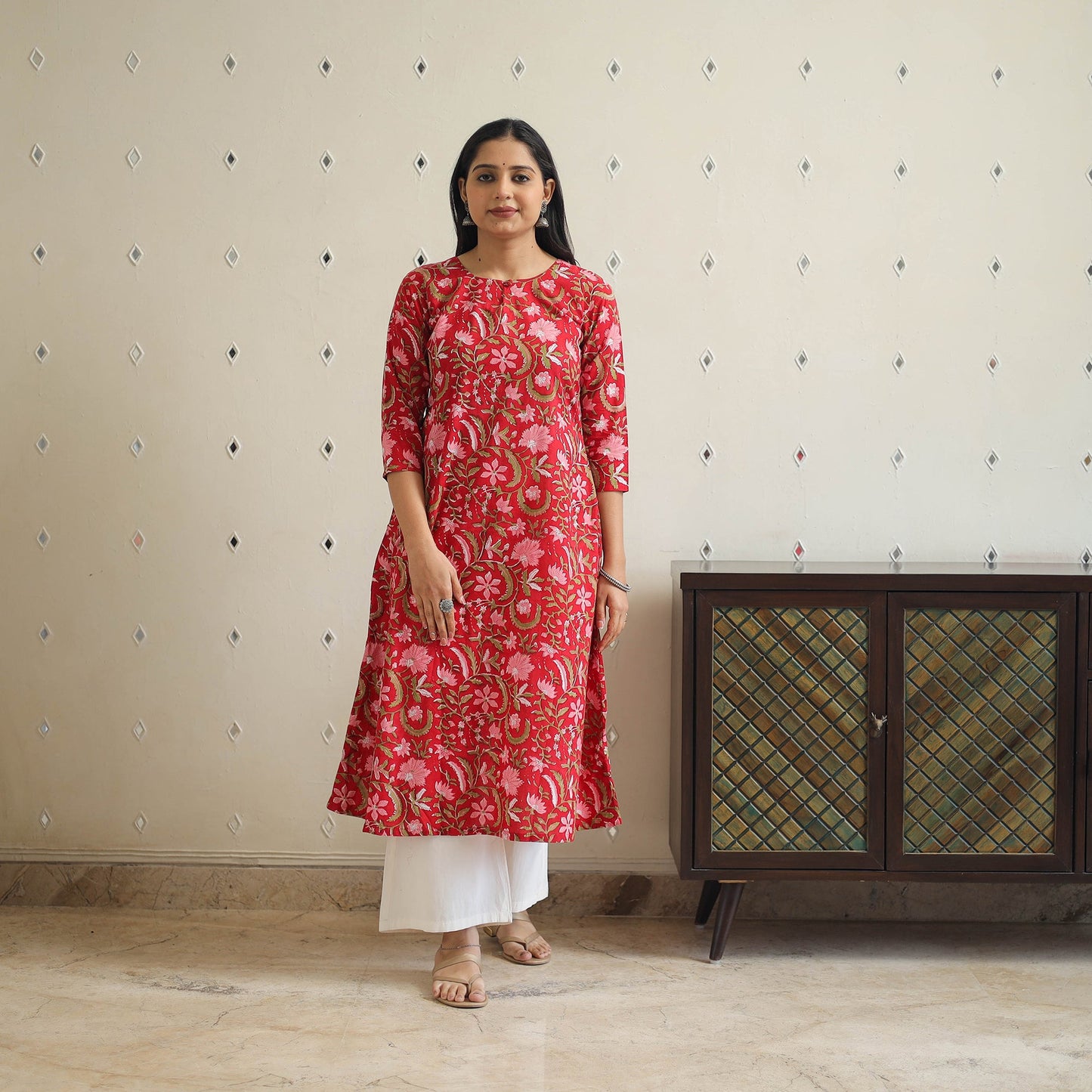 Buy Red Block Print Cotton A-Line Sanganeri Kurta 