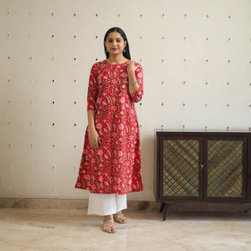 Buy Red Block Print Cotton A-Line Sanganeri Kurta 