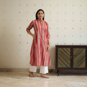 Red - Block Print Cotton A-Line Sanganeri Kurta 23