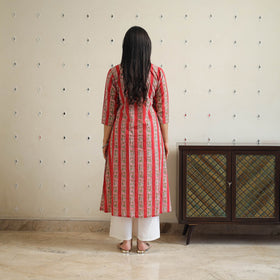 Red - Block Print Cotton A-Line Sanganeri Kurta 23