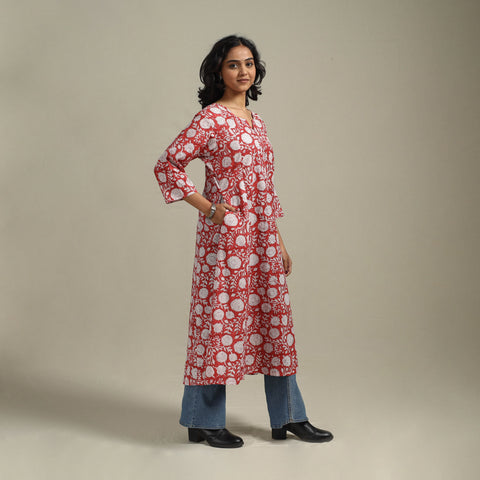 Red - cotton a-line sanganeri kurta 26 - handcrafted