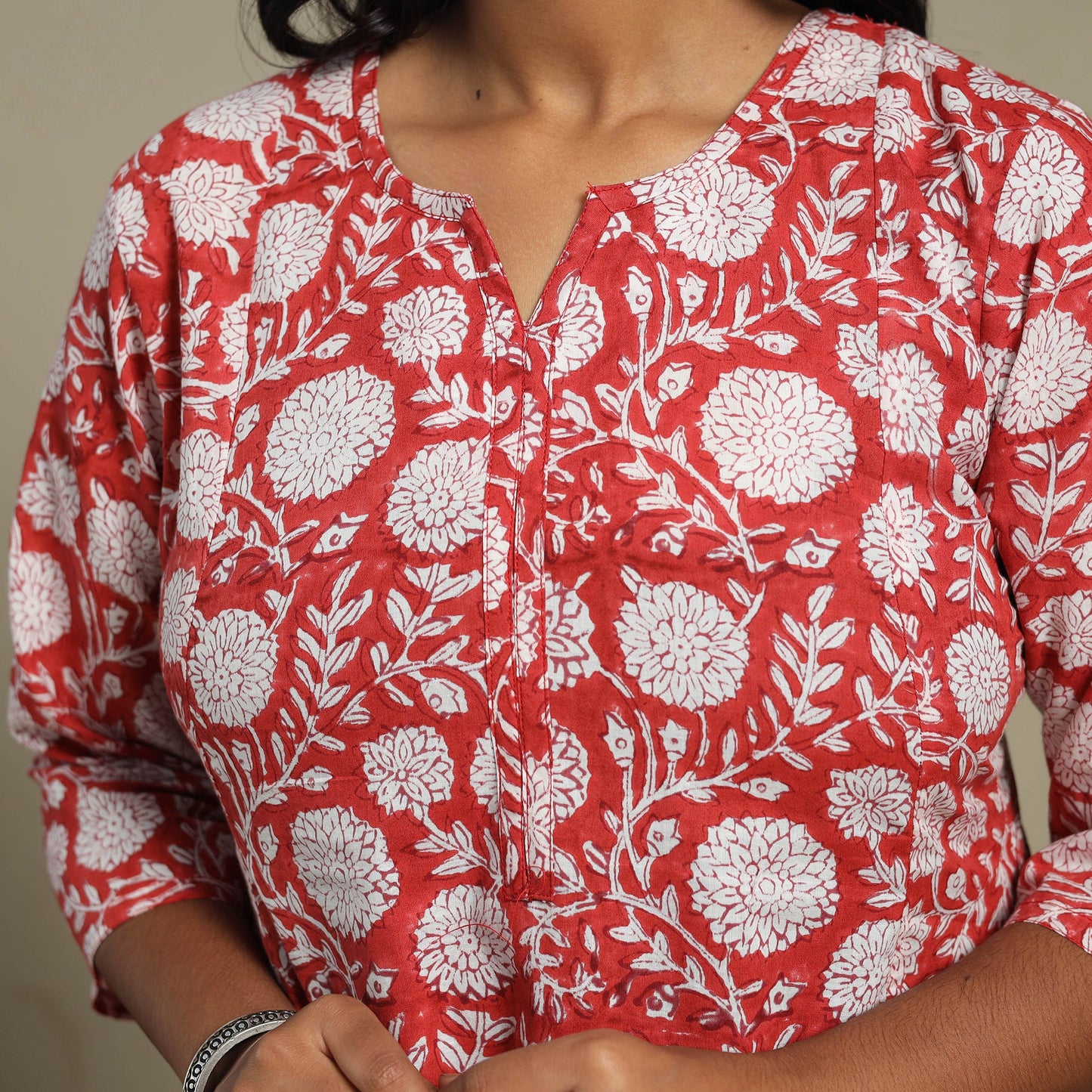Red Block Print Cotton A-Line Sanganeri Kurta