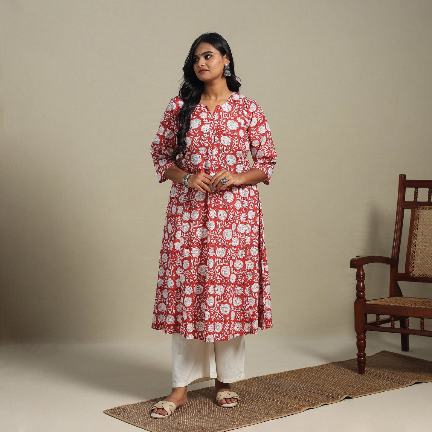 Red Block Print Cotton A-Line Sanganeri Kurta
