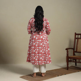 Red Block Print Cotton A-Line Sanganeri Kurta