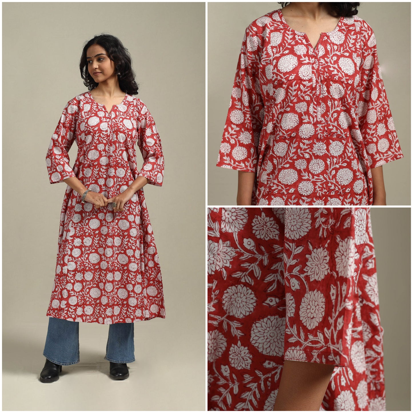 Red - cotton a-line sanganeri kurta 26 - handcrafted