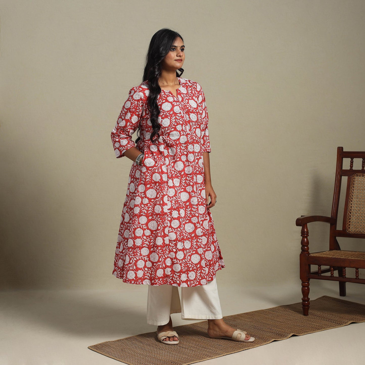 Red Block Print Cotton A-Line Sanganeri Kurta