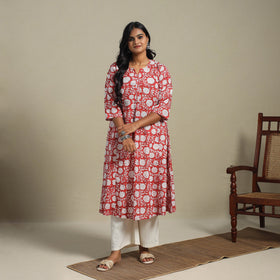 Red Block Print Cotton A-Line Sanganeri Kurta