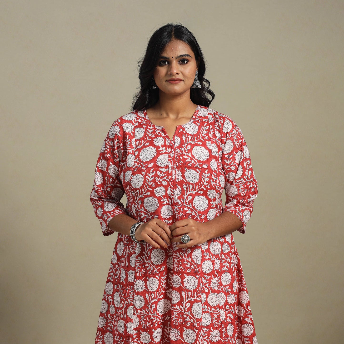 Red Block Print Cotton A-Line Sanganeri Kurta