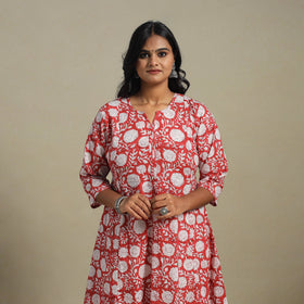 Red Block Print Cotton A-Line Sanganeri Kurta