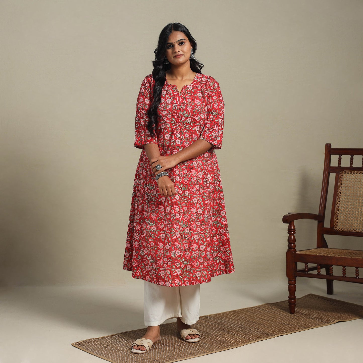 Red Block Print Cotton A-Line Sanganeri Kurta