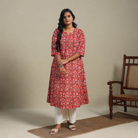 Red Block Print Cotton A-Line Sanganeri Kurta